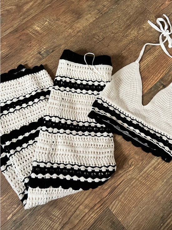 Sincerly Jules Tops - Sincerely Jules Cream and Black Crochet Crop Top with Matching Skirt